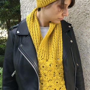 Mustársárga horgolt sapka és sál szett patchwork elemekből - ruha & divat - sál, sapka, kendő - sapka & sál szett - Meska.hu