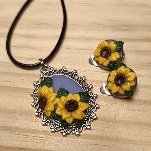 Napraforgó nyaklánc/medál és klipsz szettben, Ékszer, Ékszerszett, Gyurma, MESKA