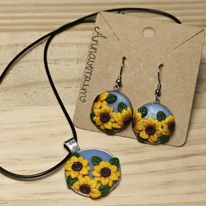 Napraforgó nyaklánc/medál és fülbevaló szettben, Ékszer, Ékszerszett, Gyurma, MESKA