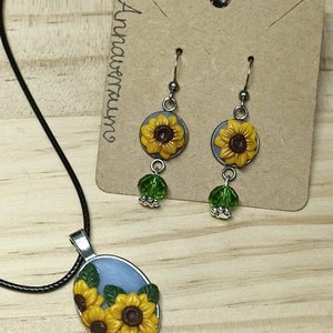 Napraforgó nyaklánc/medál és fülbevaló szettben, Ékszer, Ékszerszett, Gyurma, MESKA