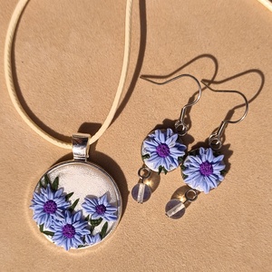 Búzavirágos ékszerek, fülbevaló és nyaklánc, Ékszer, Ékszerszett, Gyurma, MESKA