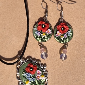 Mezeivirágos,pipacsos, színes virágos ékszerszett, fülbevaló, medál, medálos nyaklánc - Meska.hu