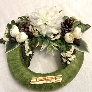 Sírdísz, koszorú selyemvirágokkal, termésekkel - otthon & életmód - vallás - temetkezési tárgy - sírkoszorú, kegyeleti koszorú - Meska.hu