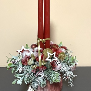 Adventi asztaldísz piros-arany modern-rusztikus kaspóban, klasszikus piros-arany színekben - karácsony - adventi díszek - adventi asztaldísz - Meska.hu