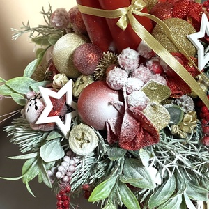 Adventi asztaldísz piros-arany modern-rusztikus kaspóban, klasszikus piros-arany színekben - karácsony - adventi díszek - adventi asztaldísz - Meska.hu