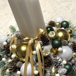 Adventi asztaldísz rusztikus, elegáns fém kaspóban, zöld-arany-fehér díszítéssel  - karácsony - adventi díszek - adventi asztaldísz - Meska.hu