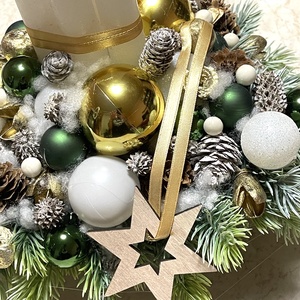 Adventi asztaldísz rusztikus, elegáns fém kaspóban, zöld-arany-fehér díszítéssel  - karácsony - adventi díszek - adventi asztaldísz - Meska.hu