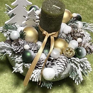 Karácsonyi asztaldísz, kerámia tál-kaspóban, elegáns zöld-arany-fehér díszítéssel - Meska.hu