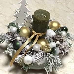 Karácsonyi asztaldísz, kerámia tál-kaspóban, elegáns zöld-arany-fehér díszítéssel - karácsony - karácsonyi lakásdekoráció - ünnepi asztaldekoráció - Meska.hu