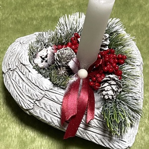 Karácsonyi sírdísz szív alakú kő kaspóban, gyertyával - otthon & életmód - vallás - temetkezési tárgy - sírdísz, kegyeleti dísz - Meska.hu