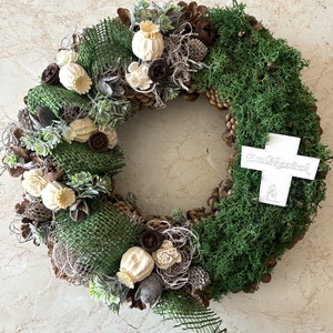 Toboz koszorú sírdísz natur színekkel, száraz növényekkel díszítve - otthon & életmód - vallás - temetkezési tárgy - sírdísz, kegyeleti dísz - Meska.hu