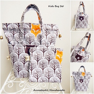 Kids bag set - uzsonnás táska szett - erdőben kukucskáló állatok - táska & tok - uzsonna- & ebéd tartó - Meska.hu