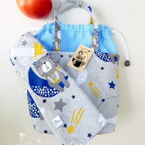 Uzsonnás táska szett maci a holdon, Kids zerowaste csomagolás, Táska & Tok, Uzsonna- & Ebéd tartó, Ebéd tasak, doboz, Varrás, Patchwork, foltvarrás, MESKA