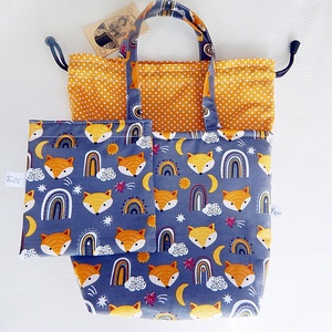 2 részes Kids Bag Szett � Vízhatlan uzsonnás táska és nasi zsák (Rókás/Szivárványos/Pöttyös) - Meska.hu