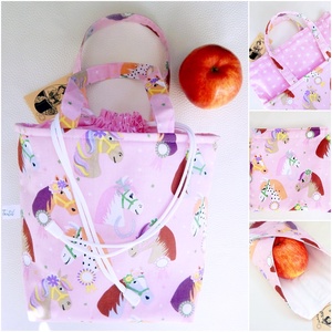 Uzsonnás táska szett lovacskák mintás, Kids zero waste csomagolás, Táska & Tok, Uzsonna- & Ebéd tartó, Ebéd tasak, doboz, Varrás, Patchwork, foltvarrás, MESKA