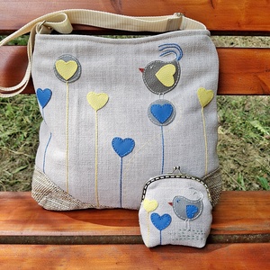 2in1 válltáska crossbody táska tarisznya és csatos pénztárca szettben Valentin madaras szíves  - Meska.hu