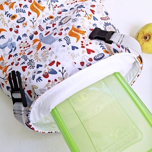 Ebédtáska és uzsonnás kistáska - Csatos rolltop lunch bag - Tépőzáras szabályozható ételhordó erdei rókás gombás - táska & tok - uzsonna- & ebéd tartó - ebéd tasak, doboz - Meska.hu