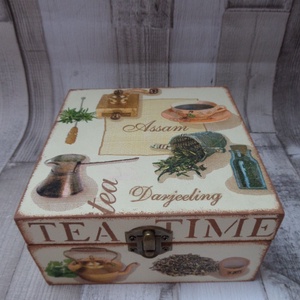 Teafiltertartó,teásdoboz 4 rekeszes Tea Time teás mintával, Otthon & Életmód, Konyhafelszerelés, tálalás, Konyhai tárolás, Tea & Kávé tárolás, Decoupage, transzfer és szalvétatechnika, Festett tárgyak, MESKA