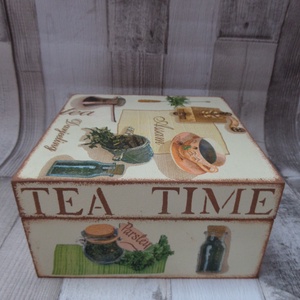 Teafiltertartó,teásdoboz 4 rekeszes Tea Time teás mintával - otthon & életmód - konyhafelszerelés, tálalás - konyhai tárolás - tea & kávé tárolás - Meska.hu