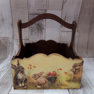 Nyuszi ül a fűben húsvéti mintás tojásgyűjtő kosár,füles kosár, Otthon & Életmód, Tárolás & Rendszerezés, Tárolókosár, Decoupage, transzfer és szalvétatechnika, Festett tárgyak, MESKA