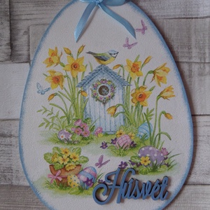 Húsvéti tojás alakú ajtódísz,üdvözlőtábla,függődísz, Otthon & Lakás, Dekoráció, Ajtó- és ablak dekoráció, Ajtódísz & Kopogtató, Decoupage, transzfer és szalvétatechnika, Meska
