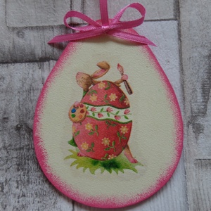 Húsvéti tojás alakú függődísz nyuszis mintával, Otthon & Életmód, Dekoráció, Fali és függő dekoráció, Függődísz, Decoupage, transzfer és szalvétatechnika, Festett tárgyak, MESKA