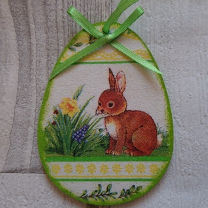 Húsvéti tojás alakú függődísz nyuszis mintával, Otthon & Életmód, Dekoráció, Fali és függő dekoráció, Függődísz, Decoupage, transzfer és szalvétatechnika, Festett tárgyak, MESKA