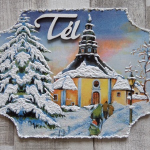 Téli templomos fenyőfás  ajtódísz,üdvözlőtábla,kopogtató, Otthon & Életmód, Dekoráció, Kép & Falikép, Táblakép, Decoupage, transzfer és szalvétatechnika, MESKA