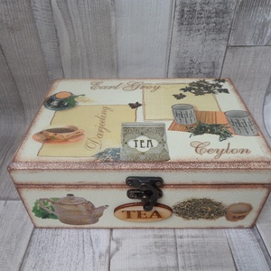 Teafiltertartó,teásdoboz 6 rekeszes Tea Time teás mintával, Otthon & Életmód, Konyhafelszerelés, tálalás, Konyhai tárolás, Tea & Kávé tárolás, Decoupage, transzfer és szalvétatechnika, Festett tárgyak, MESKA