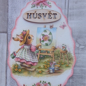 Húsvéti nyuszi mintás hullámos szélű tojás alakú ajtódísz,üdvözlőtábla,függődísz, Otthon & Életmód, Dekoráció, Ajtó- és ablak dekoráció, Ajtódísz & Kopogtató, Decoupage, transzfer és szalvétatechnika, MESKA