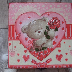 Maci rózsával és szívekkel mintás kis fa doboz 13x13 cm - otthon & életmód - tárolás & rendszerezés - doboz - Meska.hu