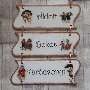 Vintage karácsonyi mintás Áldott Békés Karácsonyt feliratú 3 részes ajtódísz,üdvözlőtábla - karácsony - adventi díszek - adventi ajtódísz - Meska.hu