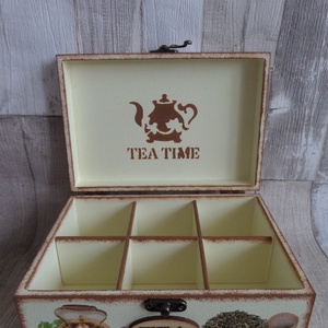 Teafiltertartó,teásdoboz 6 rekeszes Tea Time teás mintával - otthon & életmód - konyhafelszerelés, tálalás - konyhai tárolás - tea & kávé tárolás - Meska.hu