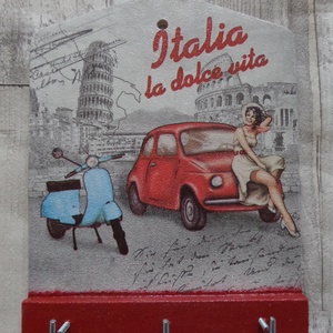 Fali kulcstartó Olasz életérzés,Vespa,Fiat mintával 3 akasztós - otthon & életmód - dekoráció - fali és függő dekoráció - fali kulcstartó - Meska.hu