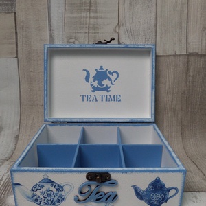 Teafiltertartó,teásdoboz 6 rekeszes kék-fehér teáskanna és teáscsésze mintával - otthon & életmód - konyhafelszerelés, tálalás - konyhai tárolás - tea & kávé tárolás - Meska.hu
