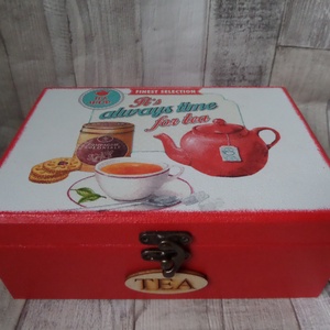 Teafiltertartó,teásdoboz 6 rekeszes  Allways Time for Tea mintával, Otthon & Életmód, Konyhafelszerelés, tálalás, Konyhai tárolás, Tea & Kávé tárolás, Decoupage, transzfer és szalvétatechnika, Festett tárgyak, MESKA