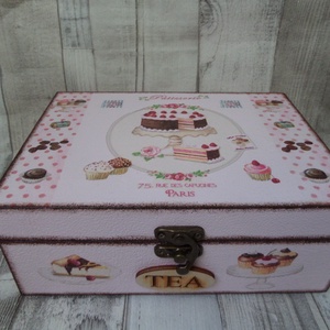 Teafiltertartó,teásdoboz 6 rekeszes süteményes mintával, Otthon & Életmód, Konyhafelszerelés, tálalás, Konyhai tárolás, Tea & Kávé tárolás, Decoupage, transzfer és szalvétatechnika, Festett tárgyak, MESKA