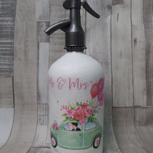 Retro szódásüveg esküvői autós vagy szíves gyűrűs mintával, Otthon & Életmód, Dekoráció, Asztal és polc dekoráció, Díszüveg, Decoupage, transzfer és szalvétatechnika, Festett tárgyak, MESKA