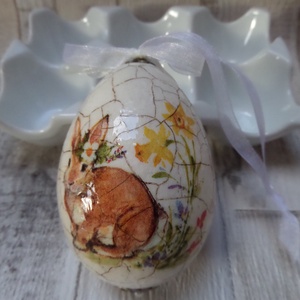 Nyuszi és tavaszi virág mintás repedezett hatású húsvéti tojások, Otthon & Életmód, Dekoráció, Fali és függő dekoráció, Függődísz, Decoupage, transzfer és szalvétatechnika, MESKA