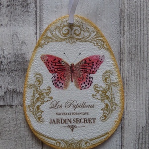 Húsvéti tojás alakú függődísz,barkadísz lepke mintával, Otthon & Életmód, Dekoráció, Fali és függő dekoráció, Függődísz, Decoupage, transzfer és szalvétatechnika, Festett tárgyak, MESKA