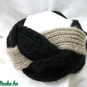 Sapka helyett, kötött fejpánt, fekete és bézs, kék árnyalatok, stb - ruha & divat - sál, sapka, kendő - fejpánt - Meska.hu