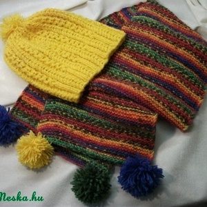 Sárga, kék, meleg sapka sál együttes, garnitúra, sárga zöld királykék - ruha & divat - sál, sapka, kendő - sapka & sál szett - Meska.hu