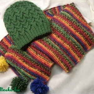 Sárga, kék, meleg sapka sál együttes, garnitúra, sárga zöld királykék - ruha & divat - sál, sapka, kendő - sapka & sál szett - Meska.hu