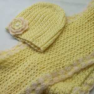 Átmeneti, sárga, kötött, sapka,  sál együttes - Meska.hu