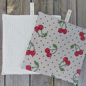 Len vászon-gofris törlőkendők cseresznye mintával - Mosható, újrafelhasználható, környezetbarát - otthon & lakás - konyhafelszerelés, tálalás - Meska.hu