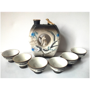 Ritka antik Japán porcelán szakés készlet sárkányokkal és cicával, Otthon & Lakás, Konyhafelszerelés, tálalás, Tálalás, Pálinkás poharak, szettek, Kerámia, MESKA