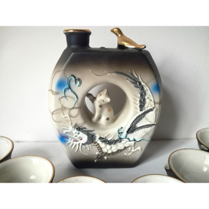 Ritka antik Japán porcelán szakés készlet sárkányokkal és cicával - otthon & életmód - konyhafelszerelés, tálalás - tálalás - pálinkás poharak, szettek - Meska.hu