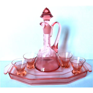 Kézzel készült antik pink színű likőrös készlet, Otthon & Életmód, Konyhafelszerelés, tálalás, Tálalás, Pálinkás poharak, szettek, Üvegművészet, MESKA