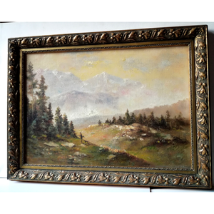 Antik Vadászfestmény, Vadász kutyájával az Alpokban - művészet - festmény - olajfestmény - Meska.hu