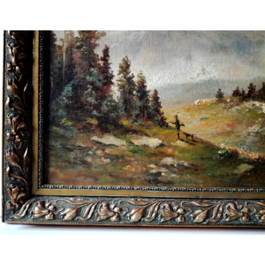 Antik Vadászfestmény, Vadász kutyájával az Alpokban - művészet - festmény - olajfestmény - Meska.hu